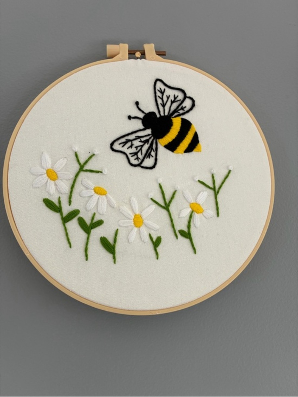 Hand-Embroidered Bee and Daisies Hoop Wall Art - White, Yellow, Green